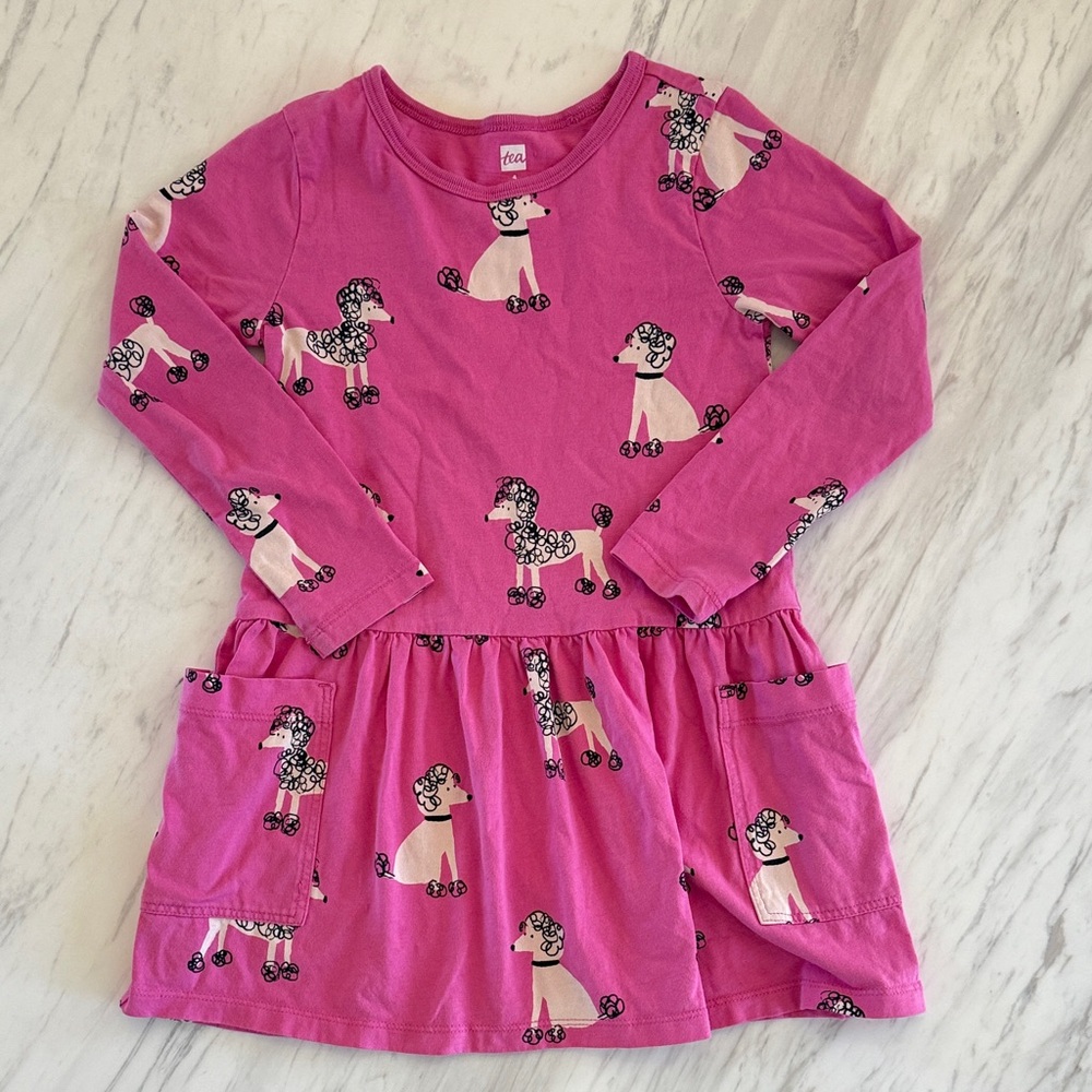 Tea Collection Pink Long Sleeve Pocket Dress with Poodle Print. Size 4.
